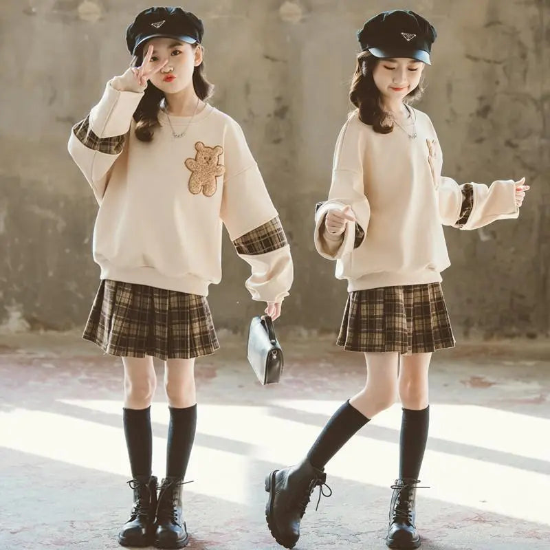 autumn winter Girls Clothes teenager bear hoodie t shirt + plaid spring JK pleated skirt uniform  4 5 6 7 8 9 10 11 12 year  kids girls  toddlers