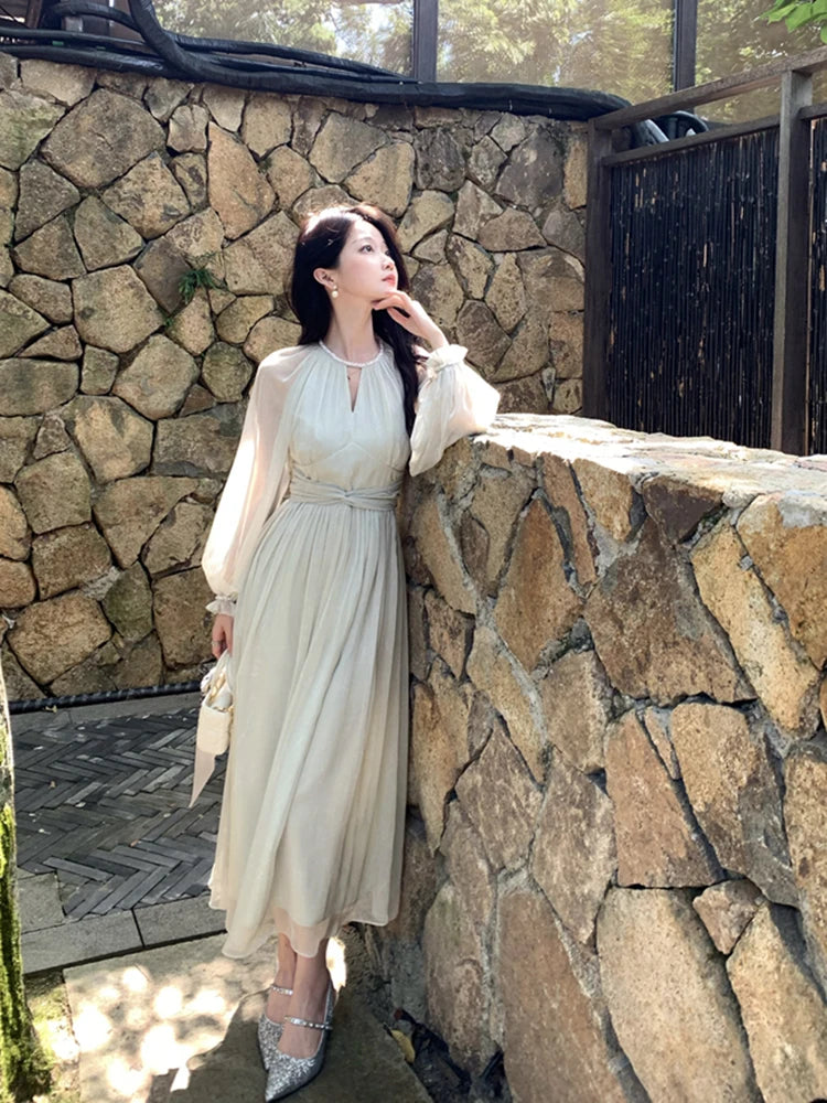 Autumn Casual Elegant Chiffon Dress Vintage Even Party Midi Dress Women Outwear One Piece Dress Chic Fashion