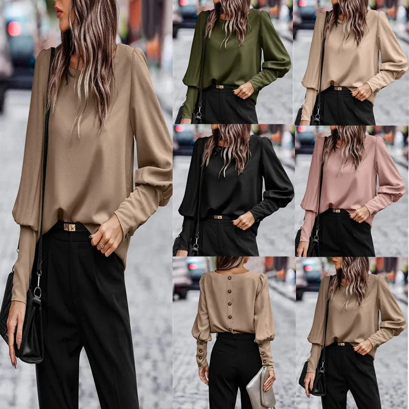 Long Sleeve O Neck Casual Women Blouse And Tops Elegant  Fall Button Clothes Solid Color Loose Shirts