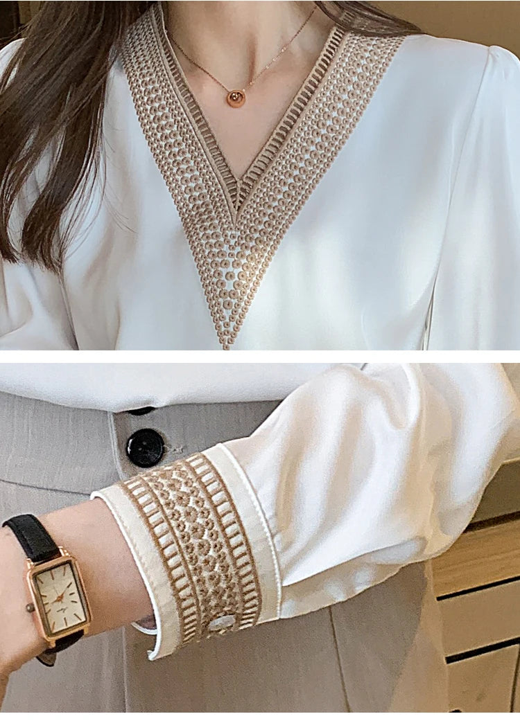 Women Elegant Chiffon Shirts New Fashion White V Neck Casual Loose Long Sleeve Blouses Top