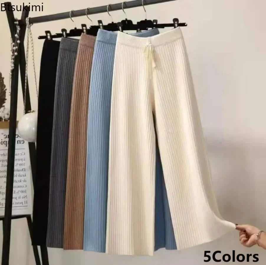 Drape High Waist Wide Leg Pants for Women Autumn Winter Casual Loose Knit Straight Leg Pants Lace-up Women Solid Trousers