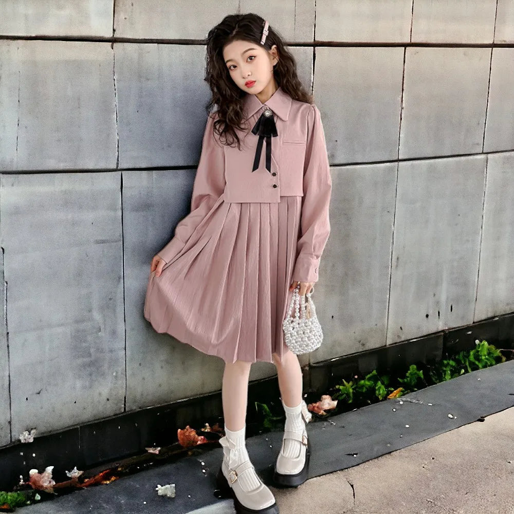 Baby Kids School Outfits Girls Pink Dress Kids Party Dresses Spring Autumn Long Sleeve Children's Clothing