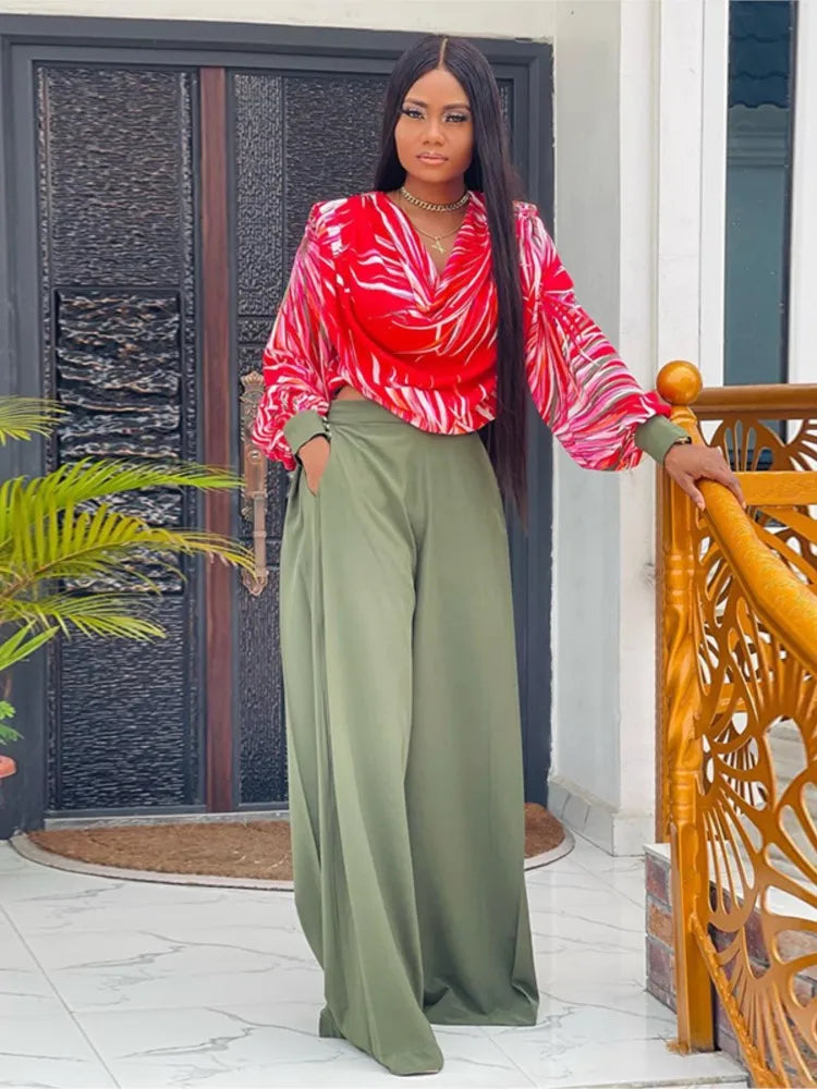 Women's Casual Suit Print  Autumn Fashion Lantern Long Sleeved Top Irregular Collar High Waist Wide Leg Women Long Pants Set