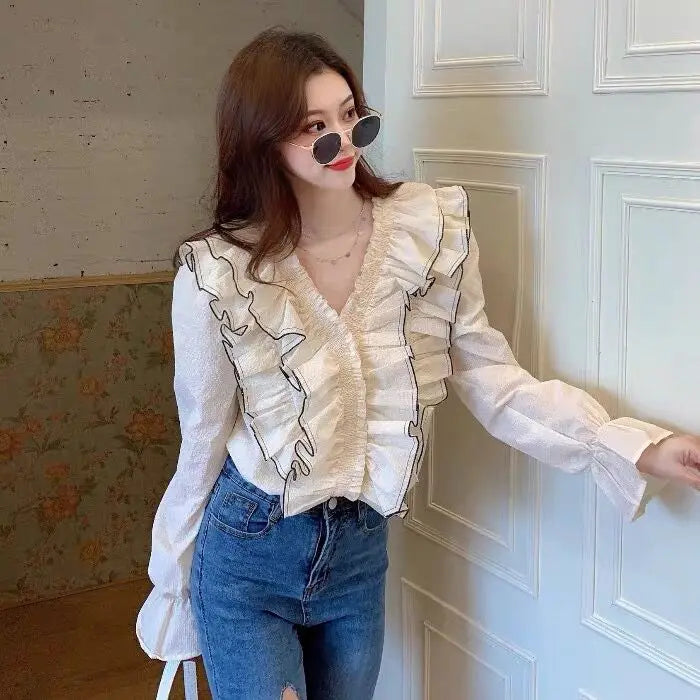 Long Flare Sleeve Ruffle Shirts Women Lady Streetwear Tops  Vintage Fungus  Blouse   Korea Fashion