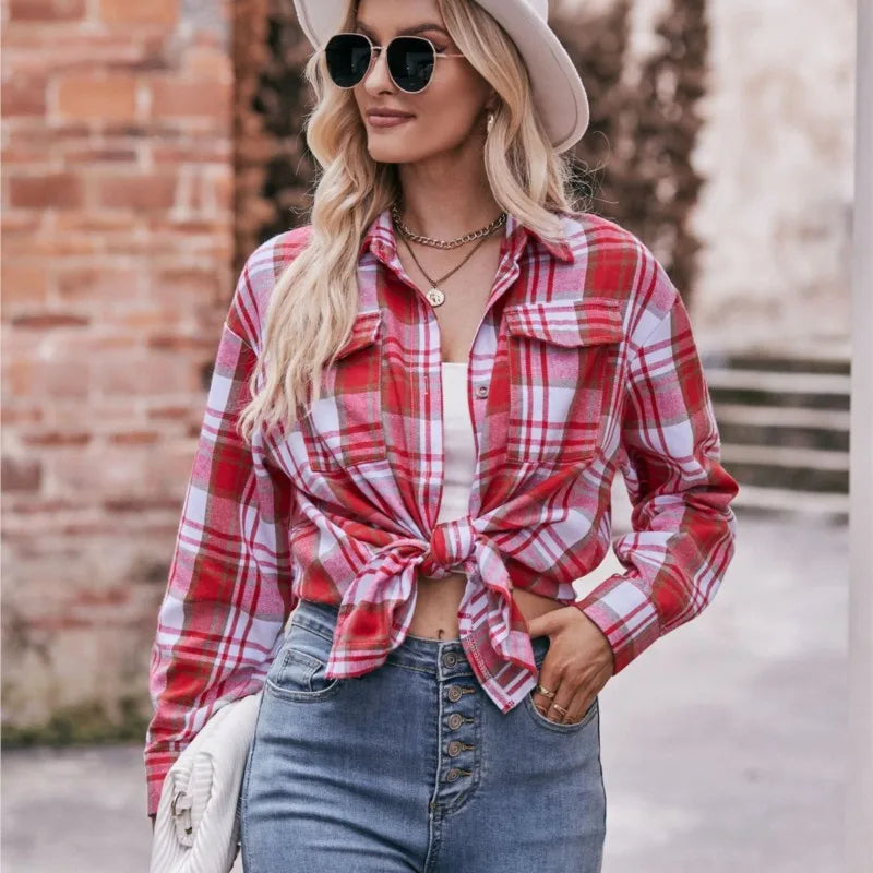 Leisure Fashion Loose Plaid Shirt Spring /Autumn Pocket Office Blouse Ropa Femenina Vintage Camisas  Blouses De  Tops Women