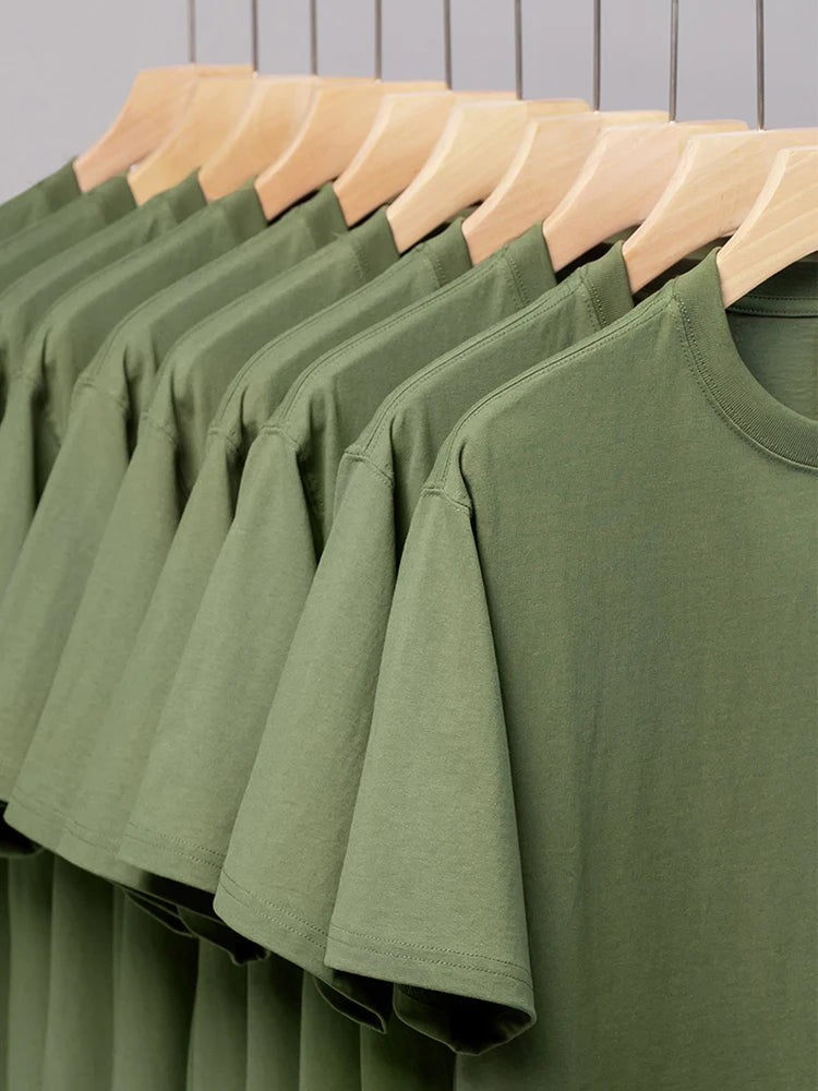 Summer 230G Cotton Basic T-shirt Men Short Sleeve Crewneck Colorful Oversized T Shirt Male Breathable Solid Tee Loose Tops