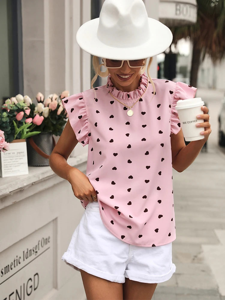 Fashion Chiffon Print Women's Shirt Casual Ruffle Short Sleeve Top Pink Chic Woman Blouse And Shirts Elegant Blouses