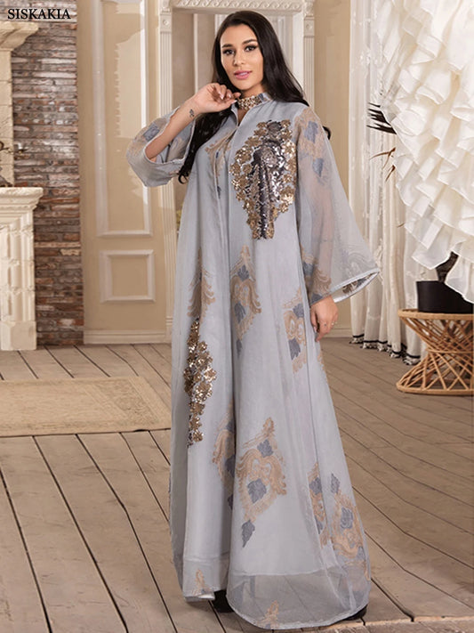 Dubai Fashion Mesh  Embroidery Evening Party Gown Jalabiyat Saudi Arab Casual Robe African Women Caftan Clothing