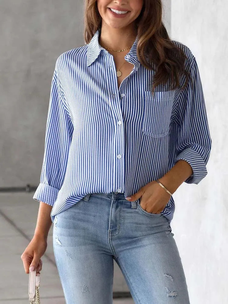 Striped Shirt, Button Up Shirts Female Loose Casual Long Sleeve Shirt Blouses for Women