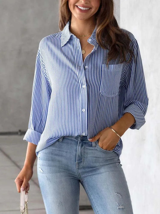 Striped Shirt, Button Up Shirts Female Loose Casual Long Sleeve Shirt Blouses for Women
