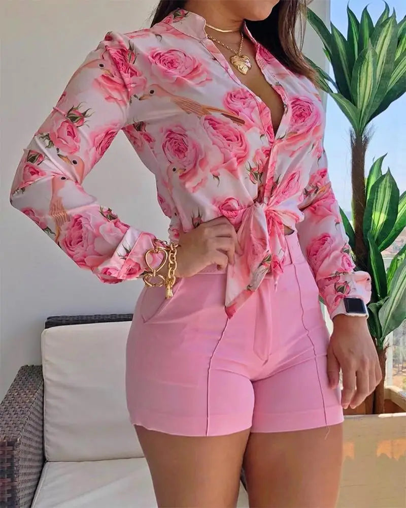 Women Long Sleeve Floral Printed Tie Knot Top Blouse and Shorts Sets Casual Spring Shirts Female
