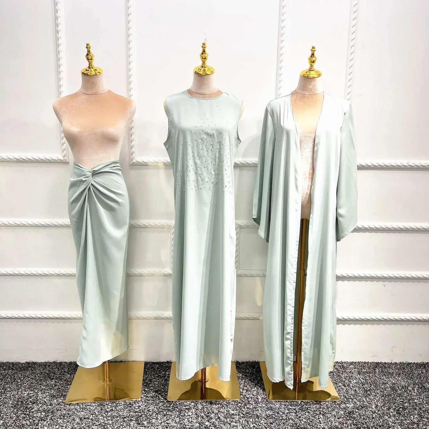 Eid 3 Piece Abaya Kimono Wrap Front Maxi Skirt Matching Set Women Muslim Hijab Dress Nida Beads Islam Outfit Kaftan