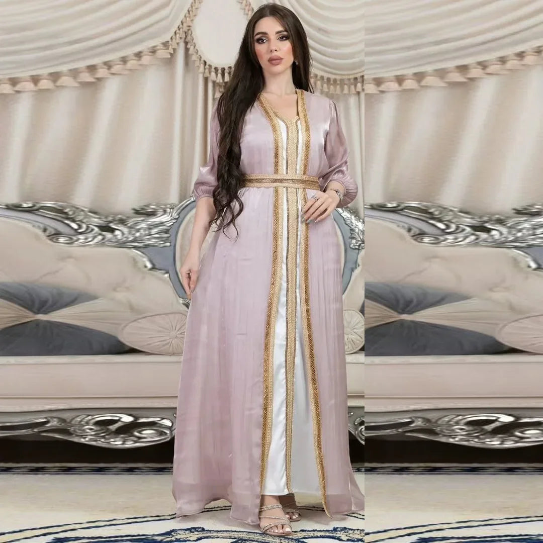 Morocco Muslim Party Dress for Women Satin Abaya 3 Piece Matching Set Turkey Dubai Luxury Kaftan Evening Long Dresses Eid Abayas