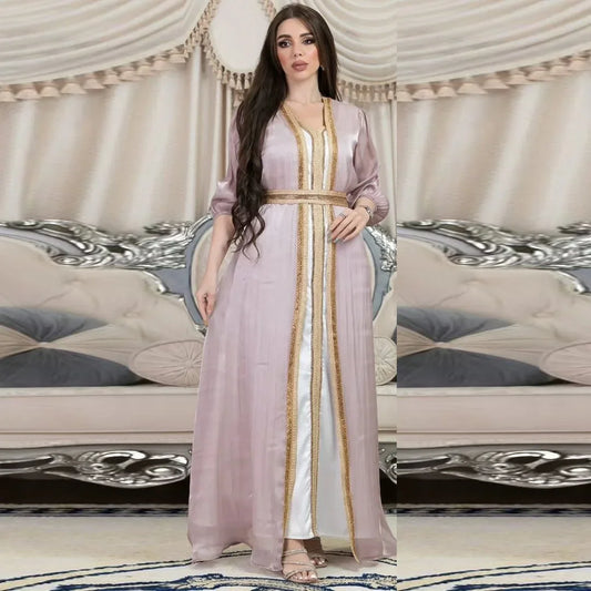 Morocco Muslim Party Dress for Women Satin Abaya 3 Piece Matching Set Turkey Dubai Luxury Kaftan Evening Long Dresses Eid Abayas