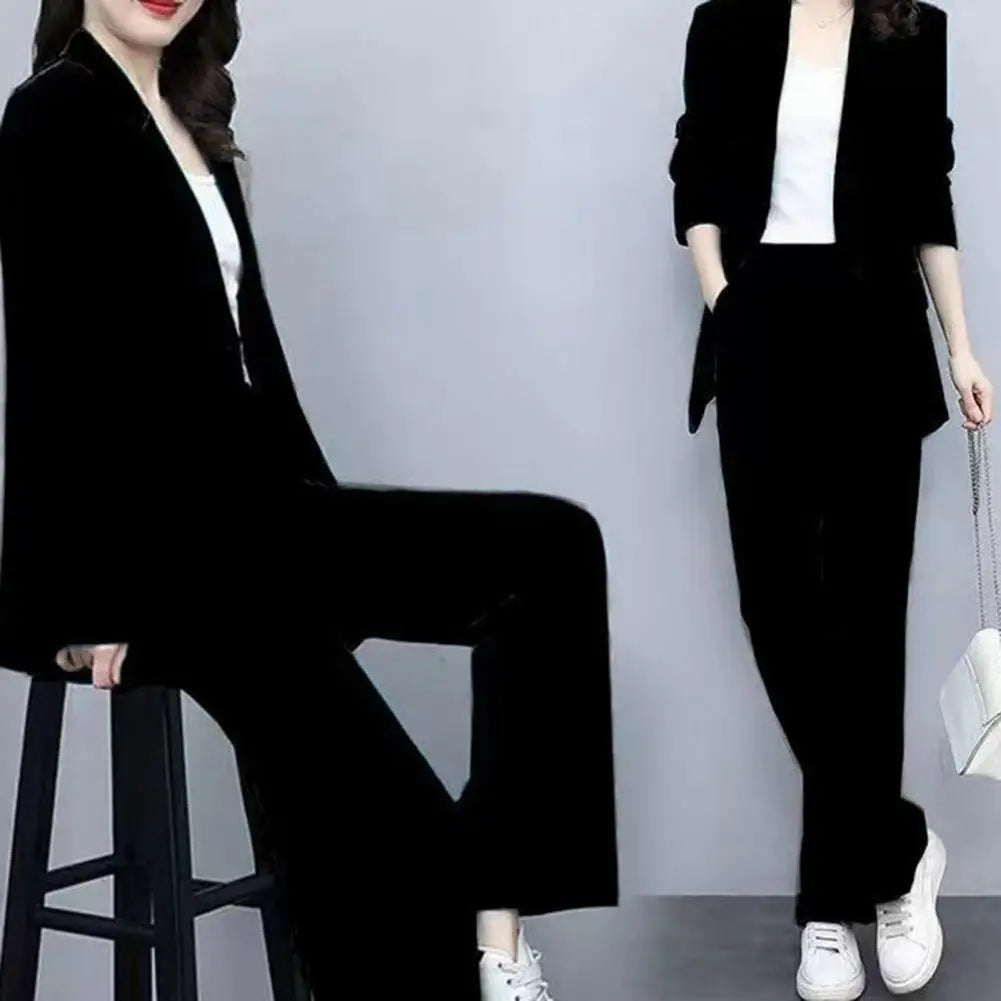 Women  Suits Fashion Single Buttons Business Blazer Solid Casual Coat Trousers 2 Pcs Set  Wear Wide-Leg Pants