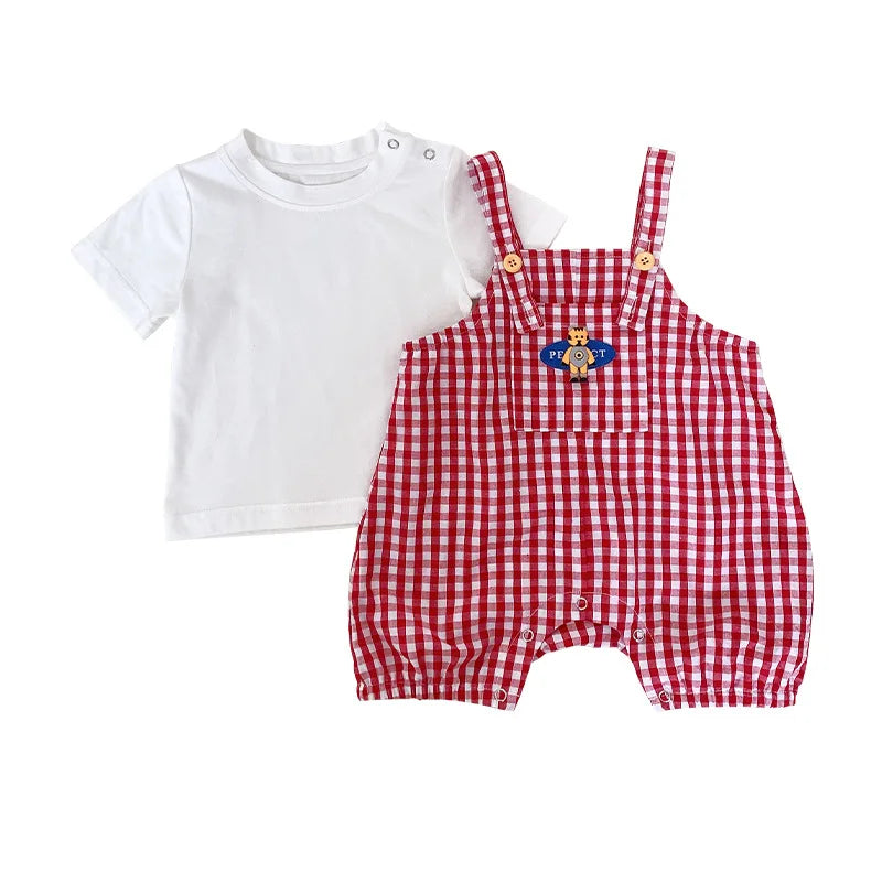 Summer Children's Set Baby's Short Sleeve+Plaid Strap Pants Cute Summer Clothing