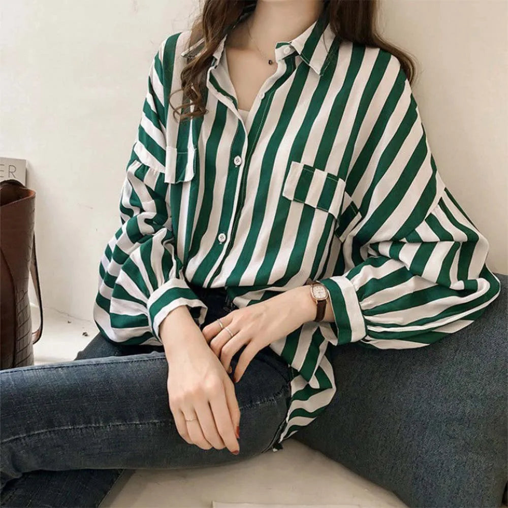 Women Shirts Blouses Loose Striped Female , Casual Blosue