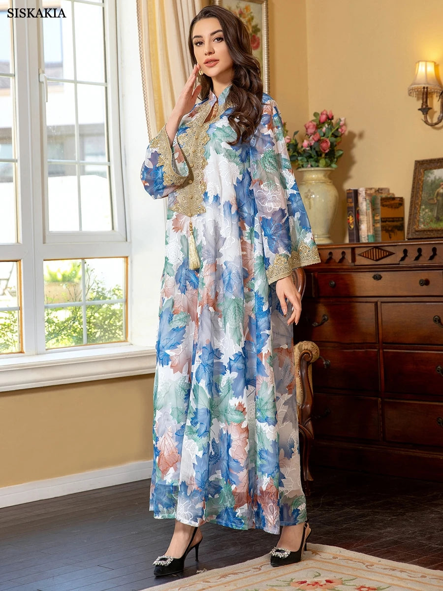 Dubai Arab Fashion Printing Elegant Party Dresses Islamic Clothing Muslim Saudi Moroccan Women Kaftan Eid Robe