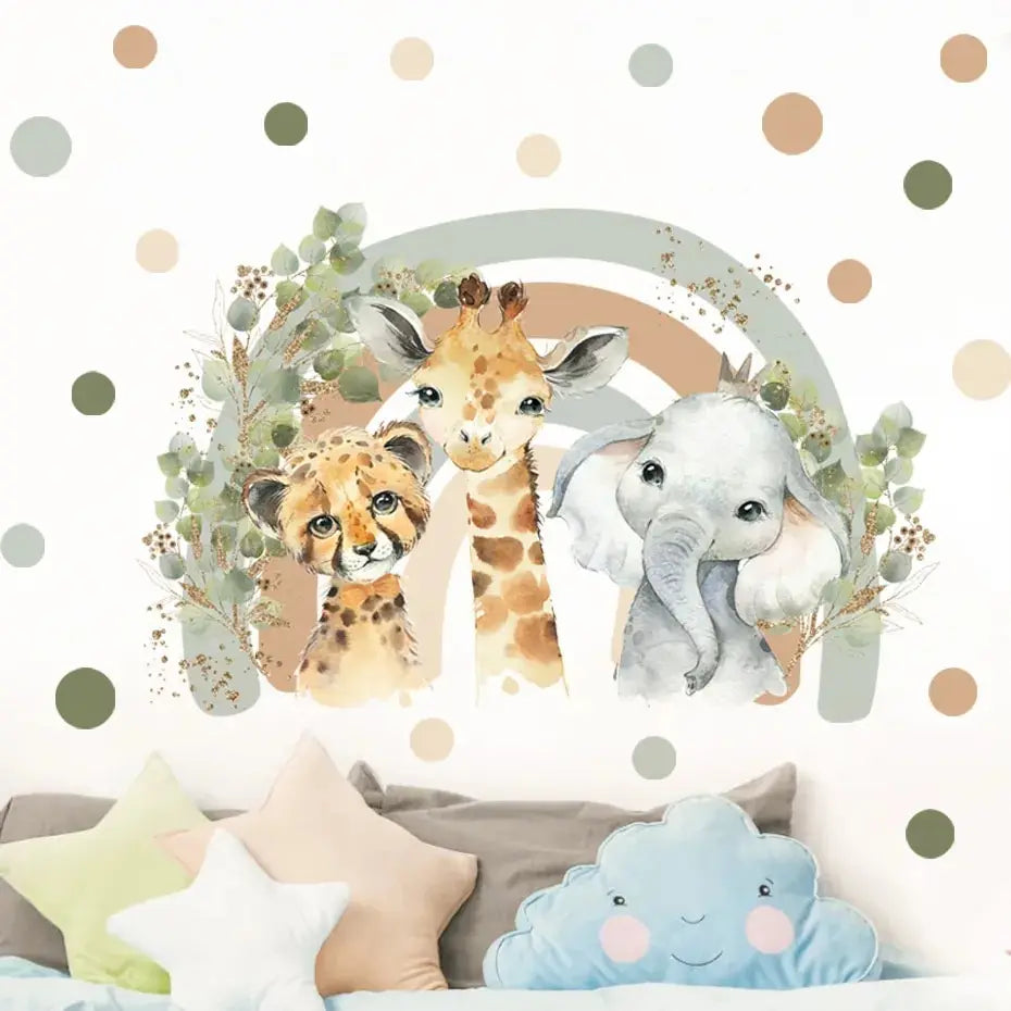 Cartoon Cute African Animals Elephant Lion Leaves Wall Stickers for Kids room Baby Room Decor Home Decor Wall Decals Art Murals home