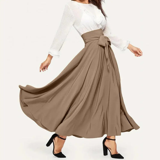 High Waist Women Skirt Elegant Lace-up Maxi Skirt with High Waist A-line Silhouette Solid Color Wide Band for Women