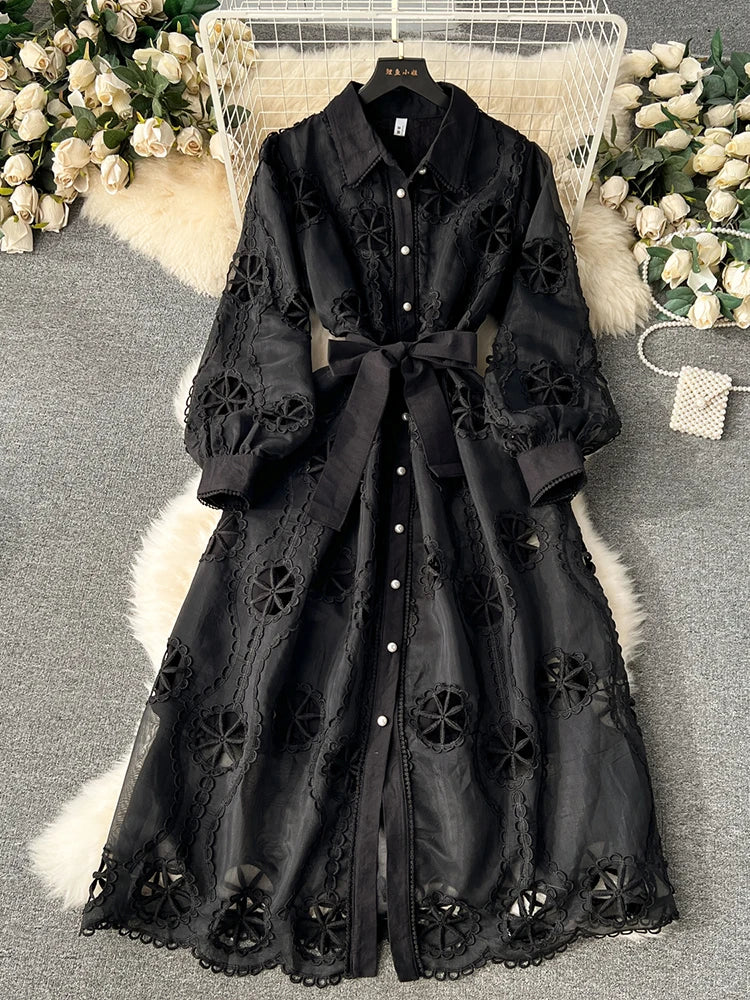 Sweet Style Women's Dress Embroidery Hollow Out Single-breasted Puff Long Sleeve Vestidos Winter Spring 2024 New