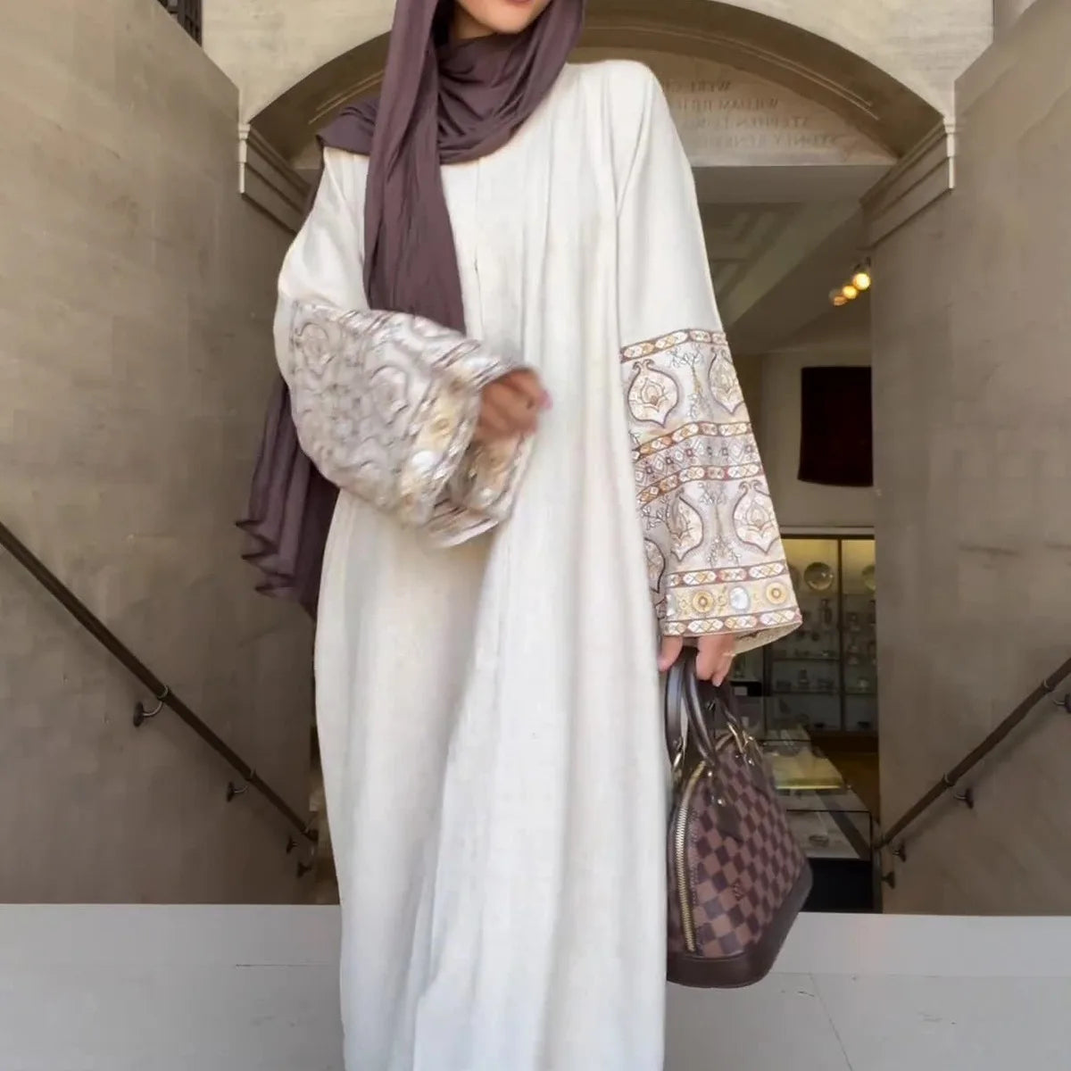 Muslim Abaya for Women New Print Bohemian Style Bubble Sleeves Loose Cotton and Hemp Long Skirt for Women