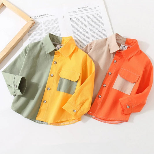 Spring Autumn New Design 2 3 4 5 6  8 10 Years Children Long Sleeve Pocket Color Patchwork Cotton Shirt For Baby Kids Boys