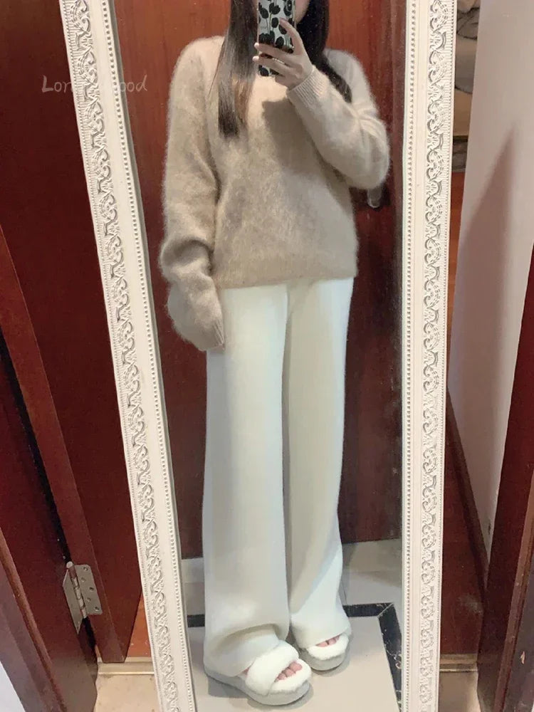 High-waisted Loose Wool Knitted Wide-leg Trousers for Women To Wear Straight Leg Wide-leg Moped Trousers