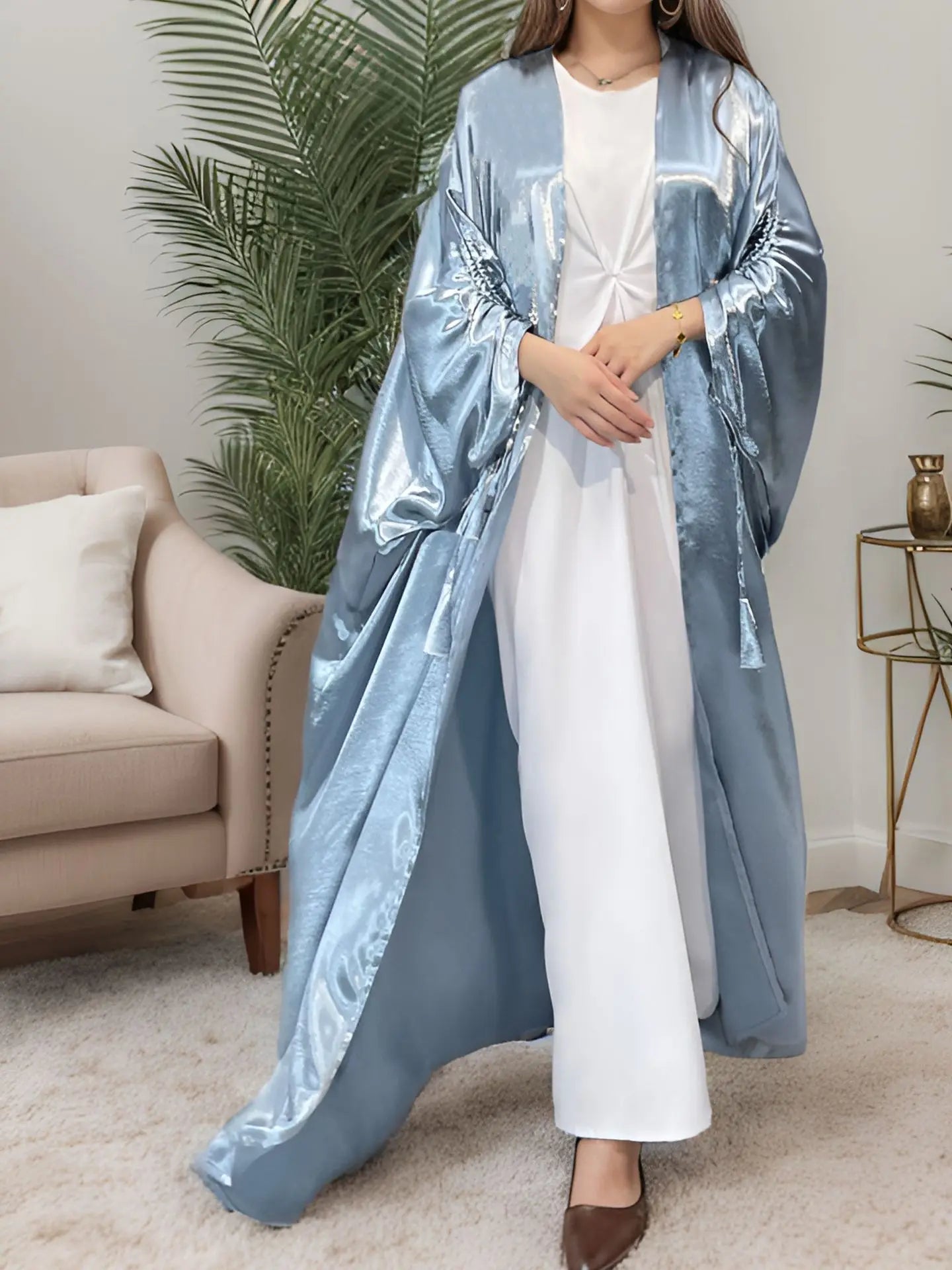 Abaya for Women Satin Bat Sleeve Caftan Cardigan Vestidos Largo Kaftan Long Robe