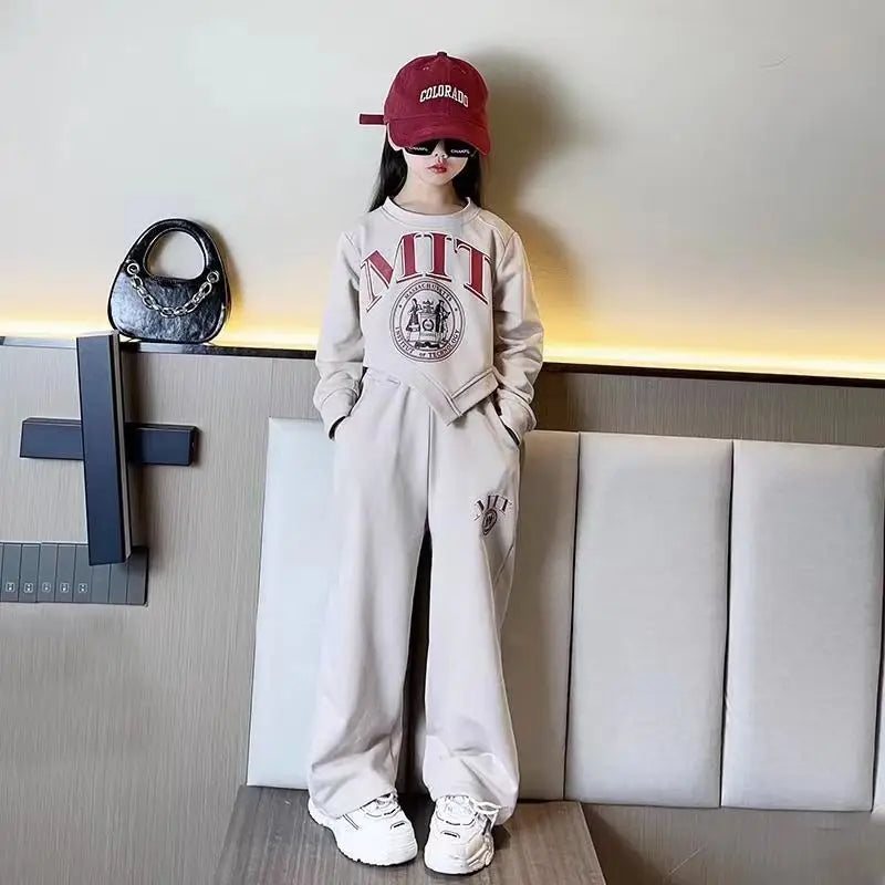 autumn kids Girls Clothes Suit Child irregular letters sweatshirt t-shirt + straight loose pant Tracksuit 8 9 10 11 12 year