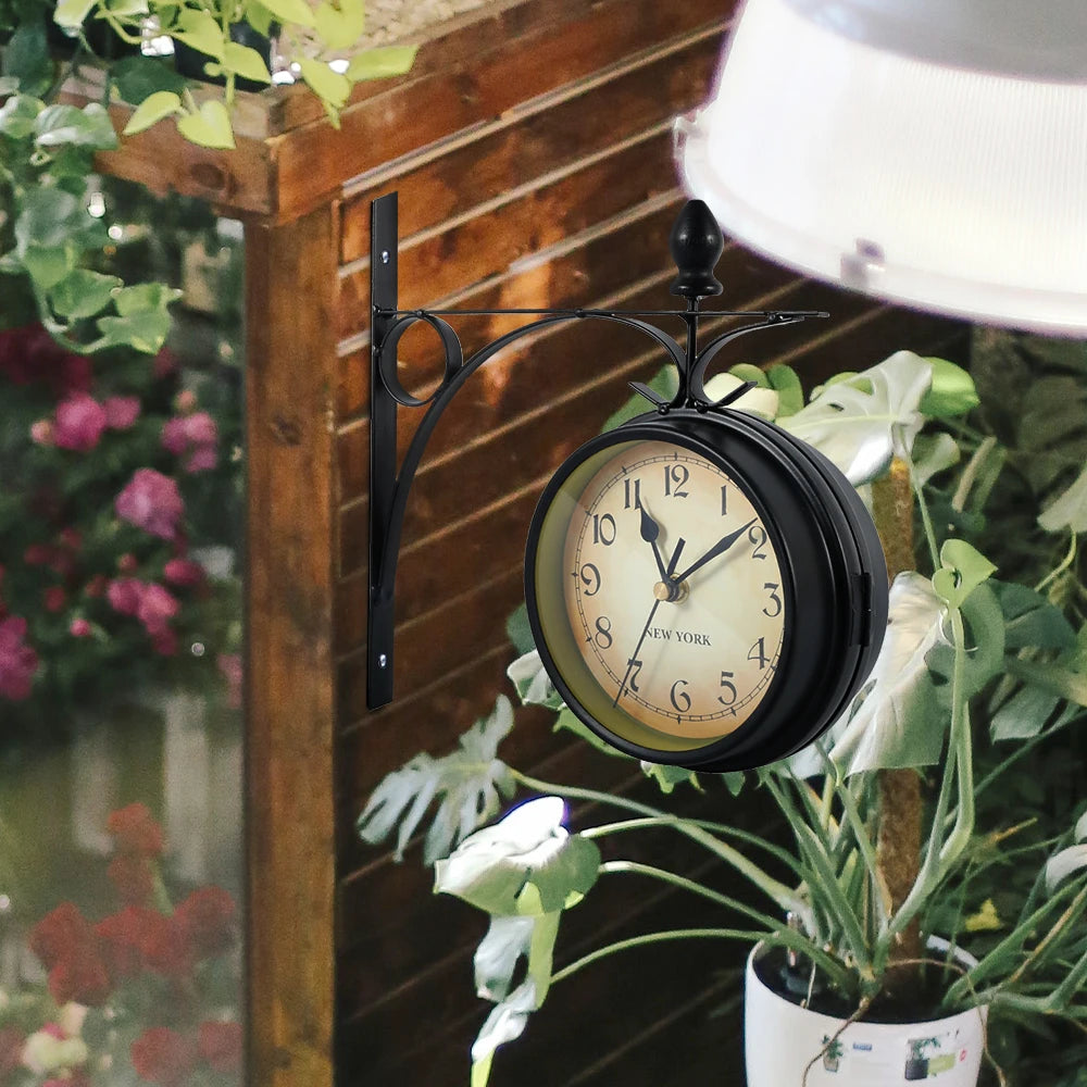 Wall Clock Retro Double-Sided Station Clock Battery Operated Silent Clock with Wall Mounting Kit Antique Wall Clock for Home