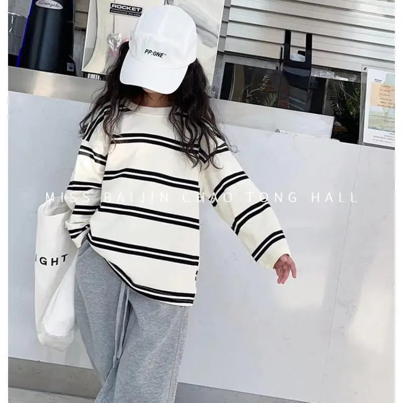 Korea Style Kids Clothes Girl 2Pcs Set Clothing Long Sleeve Striped Top+Loose Pant Outfits for Teen Girl 6 8 10 12 14 Year
