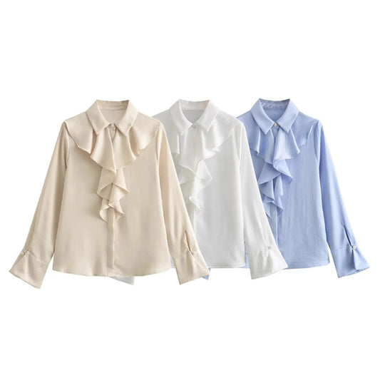 Women's Fashion New Three-color Temperament Laminated Decorative Shirt Retro Long-sleeved Exquisite Button Chic Top elegant