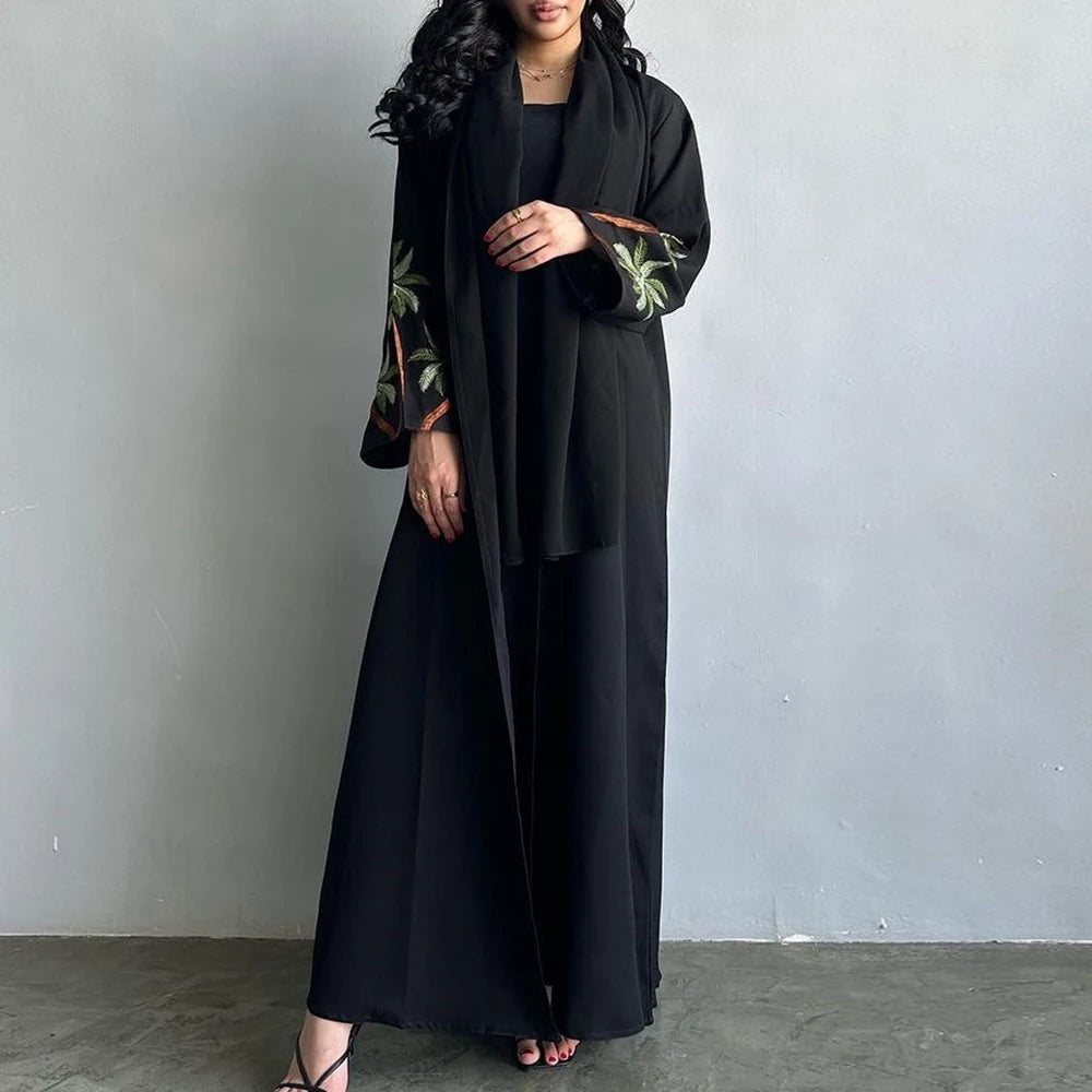New Black Casual Open Kimono Abaya For Muslim Women Ramadan Eid Jalabiya Embroidery Long Sleeve Robe