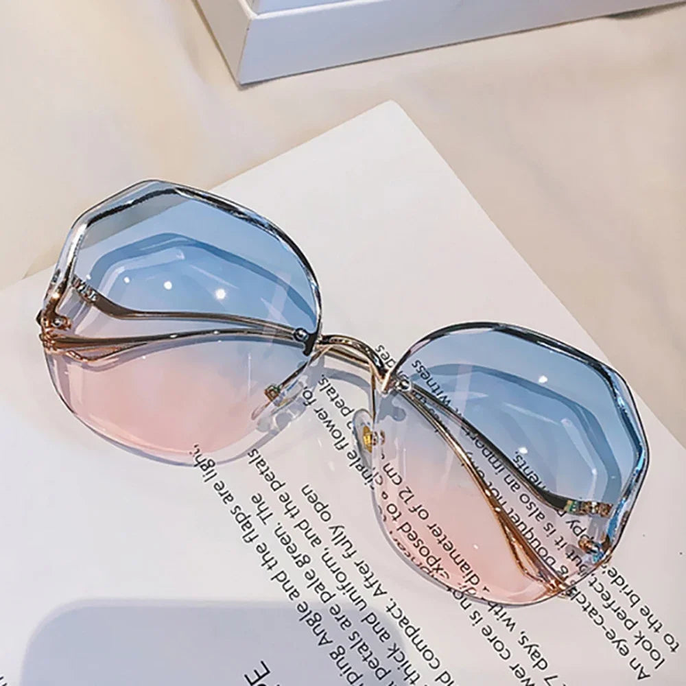 Irregular Round Sunglasses Women Brand Designer Gradient Fashion Sun Glasses Female Rimless Metal Curved Temples Oculos De Sol
