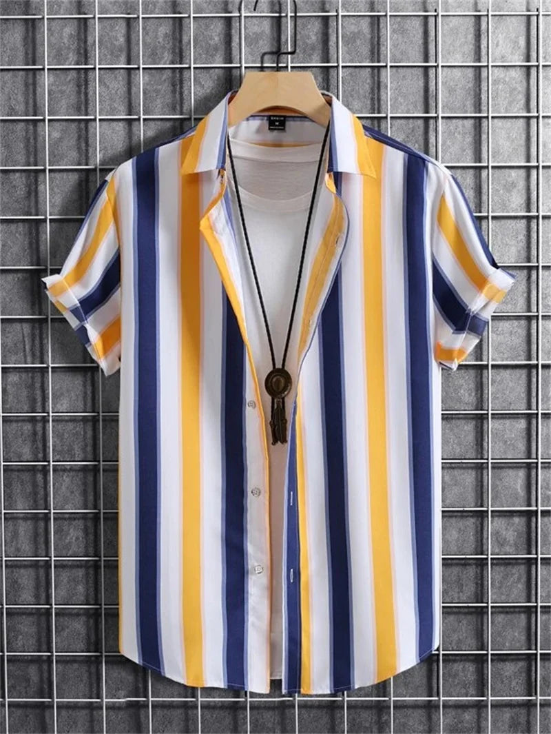 Summer Colorful Stripe Shirts Men's Hawaiian Casual Top Fashion Design Twisted Stripe Clothing Men's Street Outdoor Shirt
