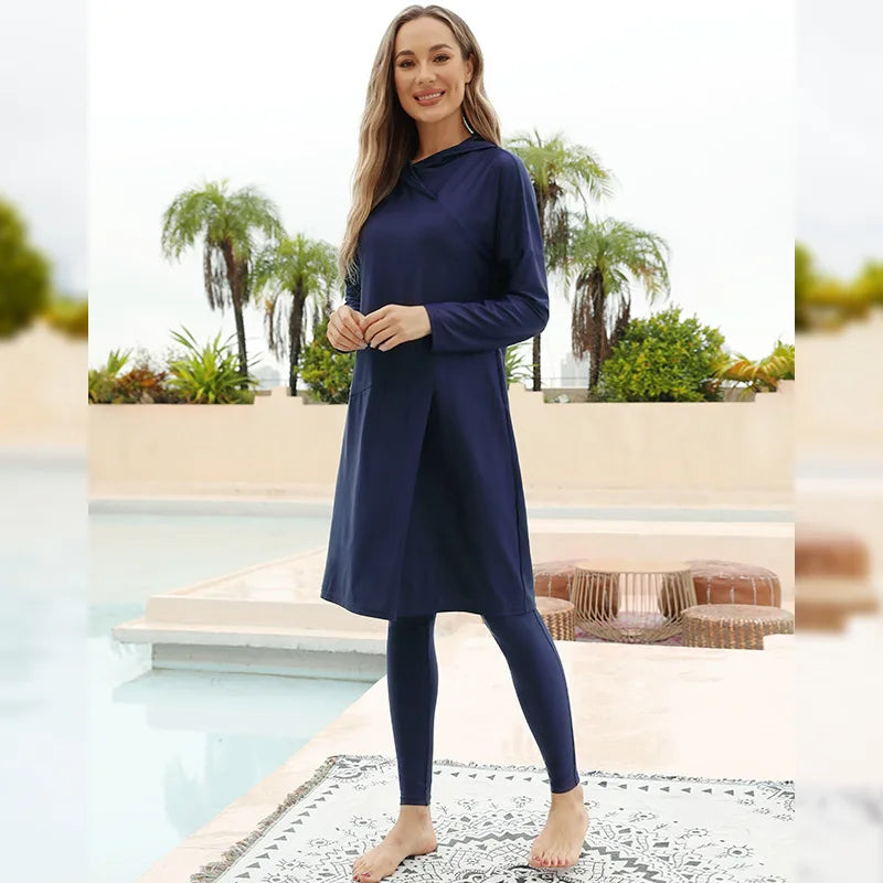 Modest Muslim Long Abaya Swimsuit Women Hooded Islamic Swimwear Burkini Arabic Full Cover Beachwear Bathing Costmes