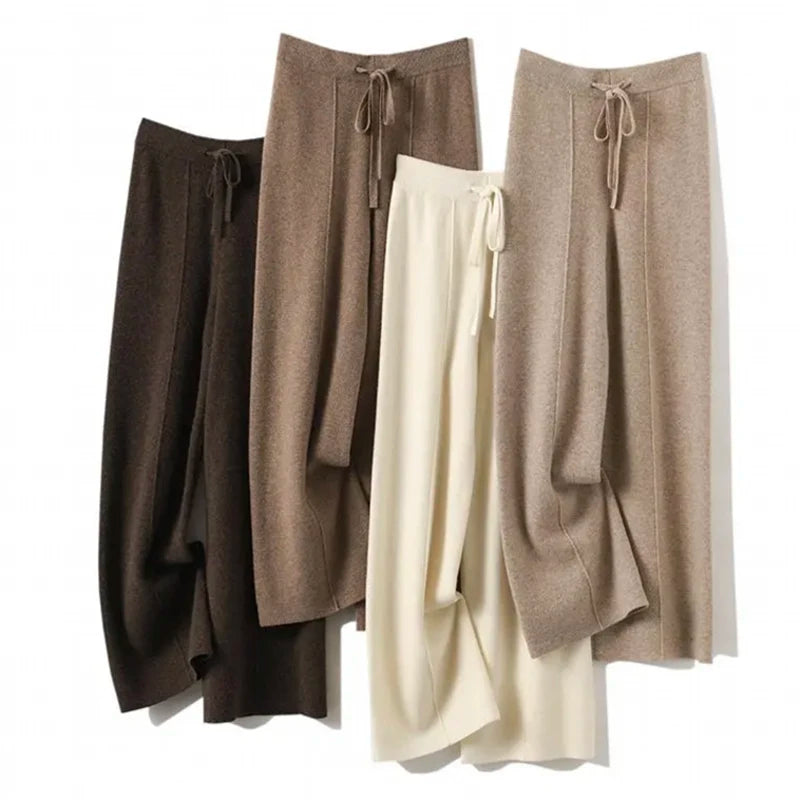 Cashmere pants ladies high waist wide-leg pants casual knitting 100% pure wool pants autumn and winter elastic pants warm pants