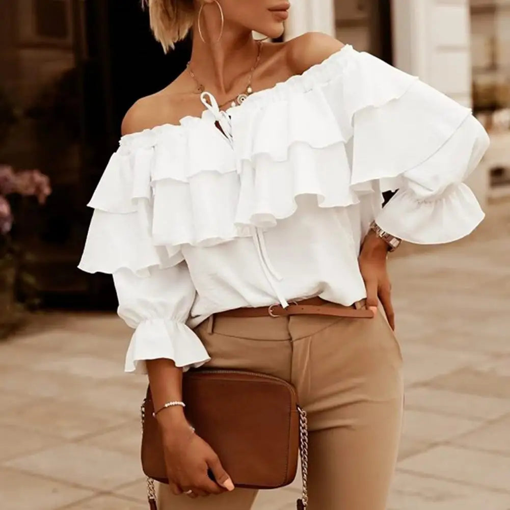 Collar Layered T-shirt Stitching Crafts Women Blouse Off Shoulder Lantern Long Sleeve Pullover Top Female Clothing