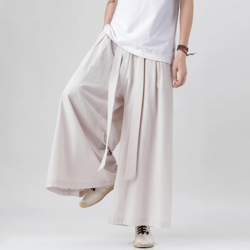 Chinese Style  Linen Cotton Linen Pants Man Japanese Kimono Pants Male Streetwear Summer Retro Wide-leg Loose Trousers for men