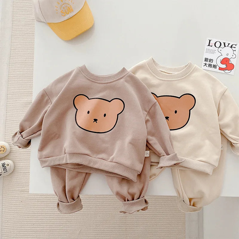 Toddler Boy Casual Bear Pullover Sweatshirts Baby Girl Thin Cute Cartoon Long Sleeves Tops And Solid Cotton Pants 2pc Set