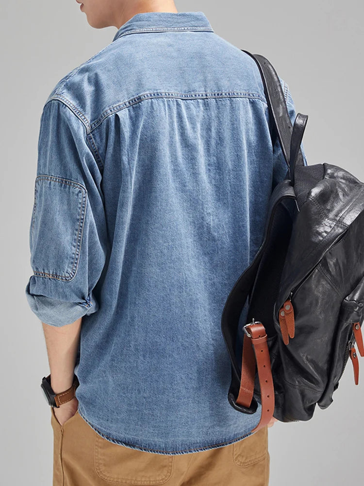 Denim Cotton Men's Shirt Long Sleeve Black Blue Drop Shoulder Button Pockets Cowboy Loose Casual Work Jeans Shirts