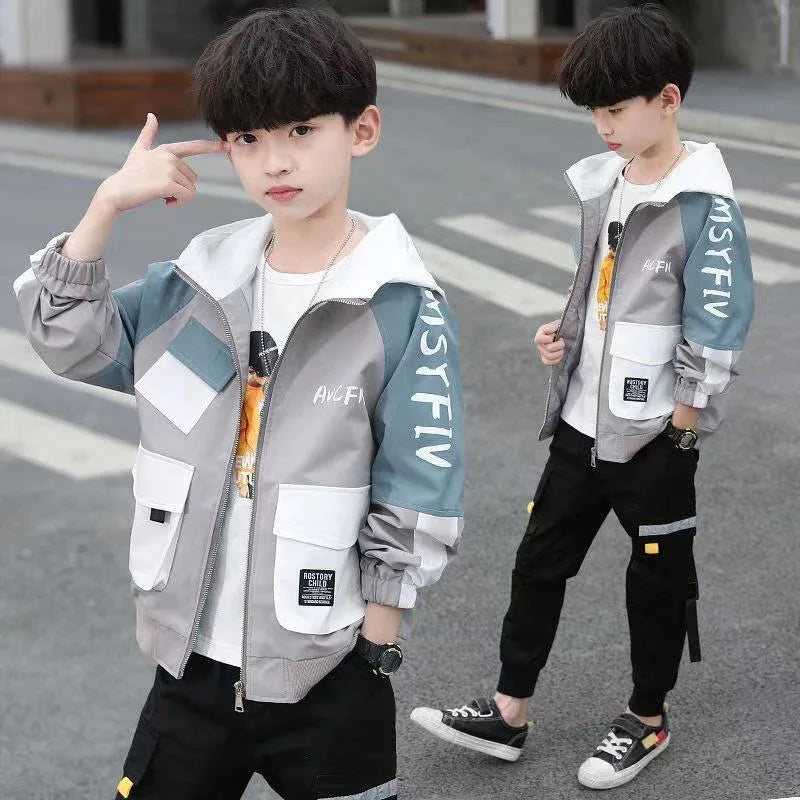 Big Size Spring Teenager Boys Coats Casual Outdoor Hooded Sweatshirt For Kids 2-10 Years Handsome Children Windbreaker Jacket