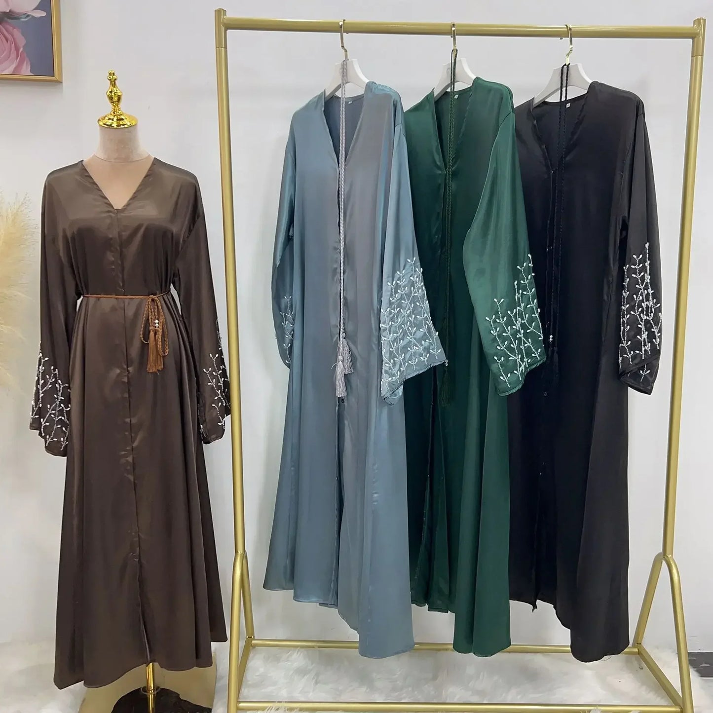 Open Abaya Kimono Party Kaftan Beaded Muslim Hijab Dress Solid Abayas for Women Islam Modest Outfit