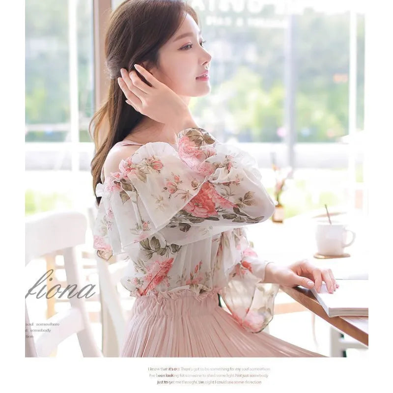 Chiffon Shirt Long Sleeved Top Women Blouse Sweet Broken Flower Prairie Chic