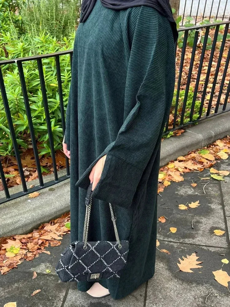 Winter Corduroy Abaya Long Dresses for Muslim Woman Green Abayas Dubai Luxury Hijab Dress Turkey Islamic Modest Clothing Kaftan