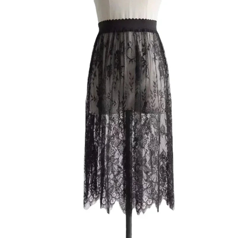 Women Mesh Lace Transparent Long Tulle Skirt