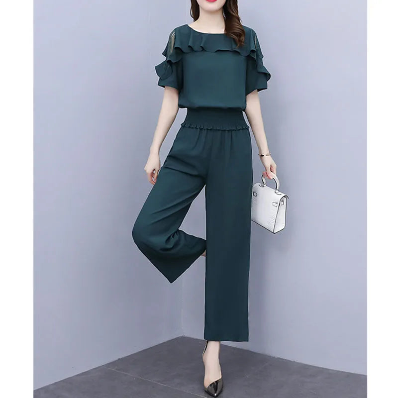 Women 2pcs/set  Plus Size Ruffle Suits Round Neck Waist-in Blouse Elastic Waist Wide Leg Trousers Two Piece Set