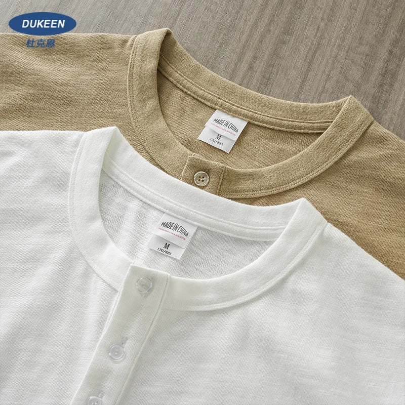 Heavy weight Henley Shirt for Men Short Sleeved Summer 100% Cotton Oversized White T Shirt Man Clothing