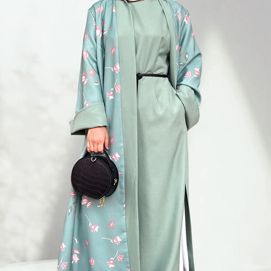 Eid Ramadan Open Abaya Dubai Turkey Kaftan Women Muslim Floral Print Maxi Dress Kimono Cardigan Islamic Clothing Robe Jalabiya